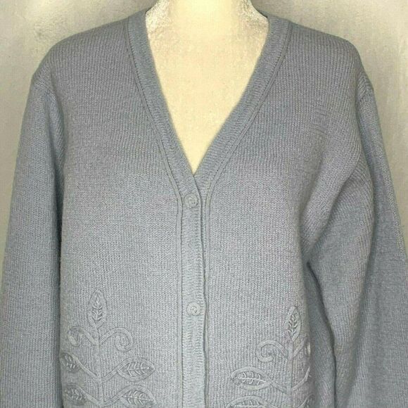 Coldwater Creek Cardigan Sweater L Blue Wool Snaps Ribbon Embroidery - Picture 1 of 7